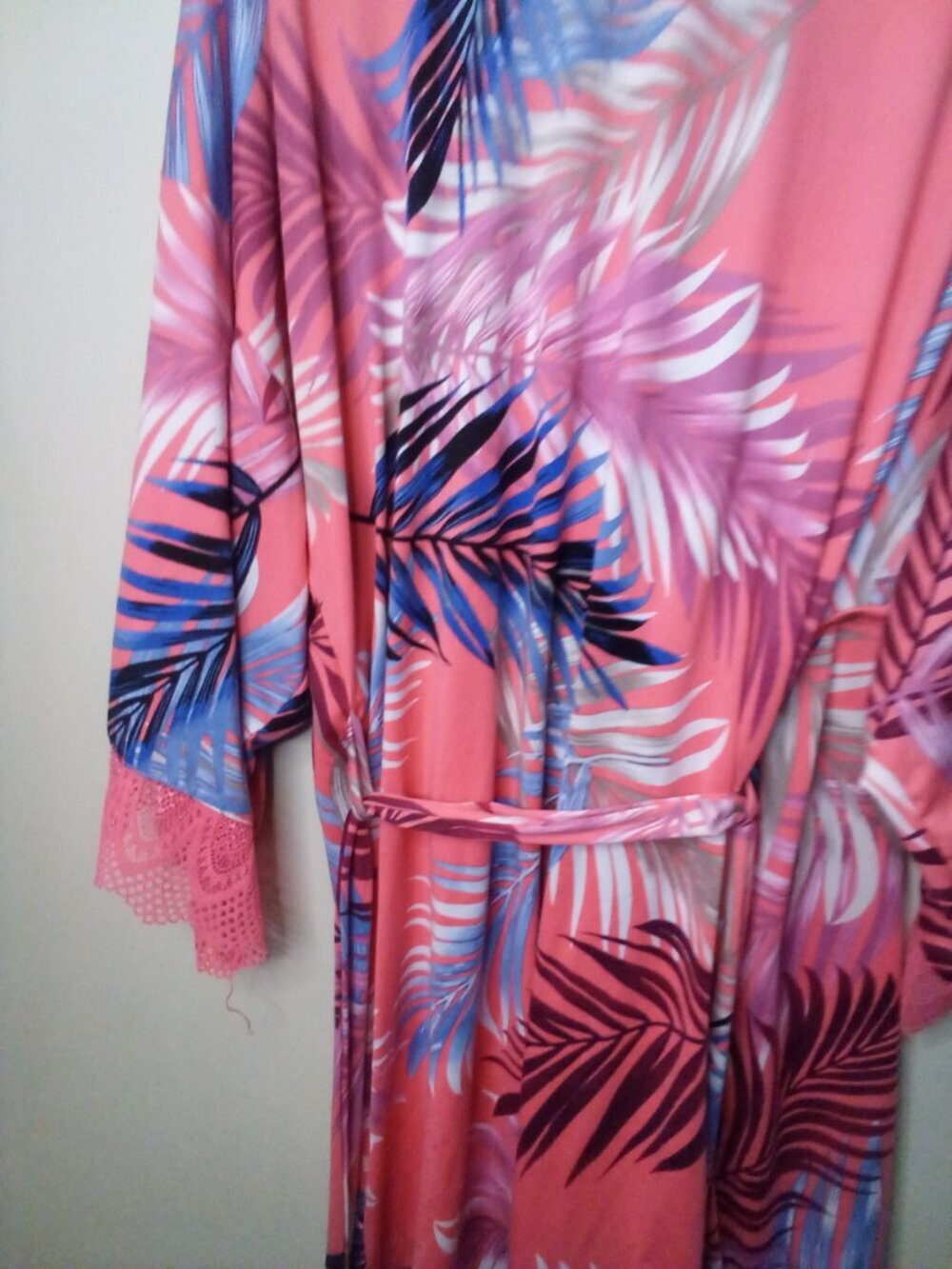 In Bloom By Jonquil Robe Women M L Tie Front Belt Short Sleeve Pattern Pink Blue - Picture 14 of 16
